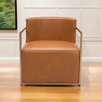 27" Brown And Gold Faux Leather And Faux Leather Arm Chair