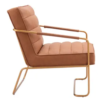 25" Brown And Gold Faux Leather And Faux Leather Tufted Arm Chair