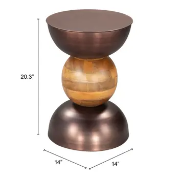 20" Bronze and Brown Iron and Solid Wood Round Pedestal End Table
