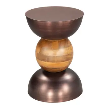 20" Bronze and Brown Iron and Solid Wood Round Pedestal End Table
