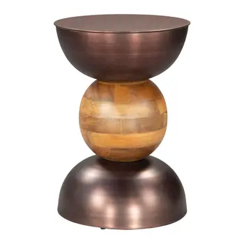 20" Bronze and Brown Iron and Solid Wood Round Pedestal End Table
