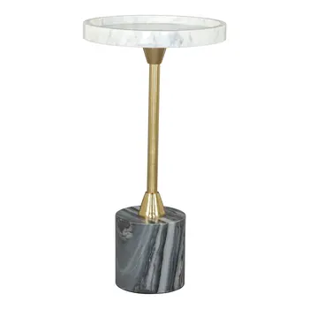 22" Gold Gray And White Marble And Iron Round Pedestal End Table
