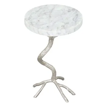 22" Silver And White Marble Round End Table