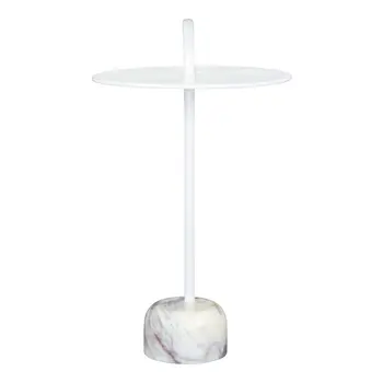 25" White Iron And Marble Round Pedestal End Table
