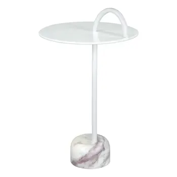 25" White Iron And Marble Round Pedestal End Table