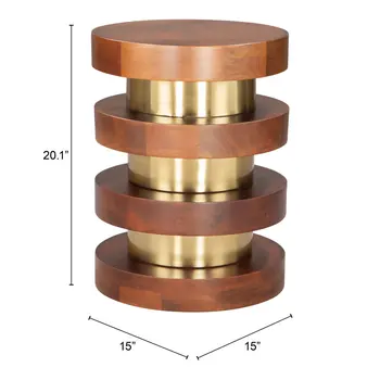 20" Brown and Gold Solid Wood and Iron Round Pedestal End Table