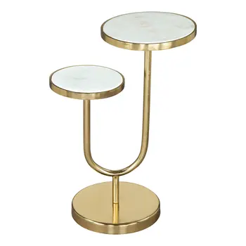 22" White And Gold Marble And Iron Two Tier Round End Table