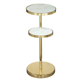 22" White And Gold Marble And Iron Two Tier Round End Table