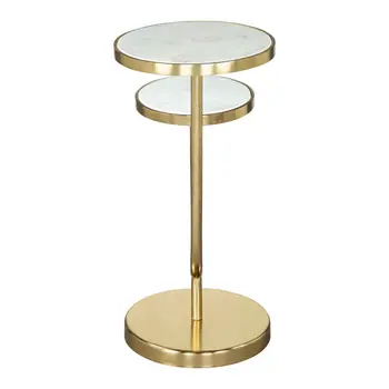 22" White And Gold Marble And Iron Two Tier Round End Table