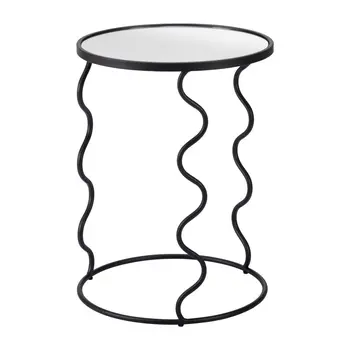 24" Black Mirrored Glass and Steel Round Abstract End Table