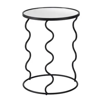 24" Black Mirrored Glass and Steel Round Abstract End Table
