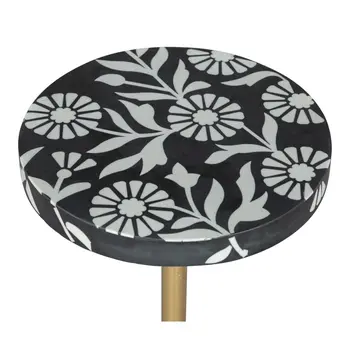 22" Black White And Gold Wood Marble And Iron Round Pedestal End Table