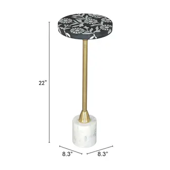22" Black White And Gold Wood Marble And Iron Round Pedestal End Table