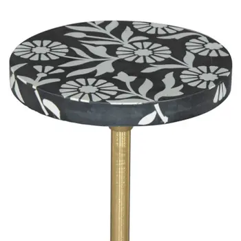 22" Black White And Gold Wood Marble And Iron Round Pedestal End Table