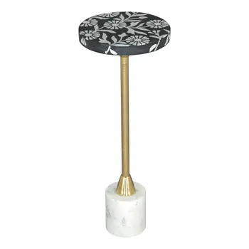 22" Black White And Gold Wood Marble And Iron Round Pedestal End Table