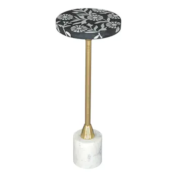 22" Black White And Gold Wood Marble And Iron Round Pedestal End Table