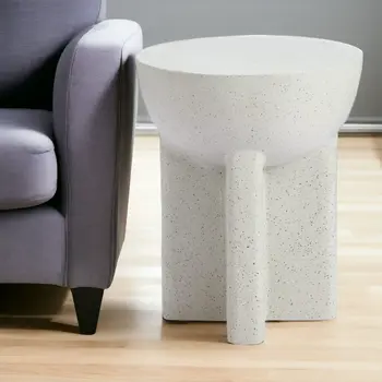 18" White Faux Stone Round Pedestal End Table