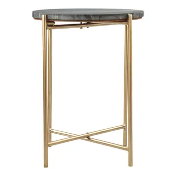 22" Gray and Gold Marble and Iron Round End Table