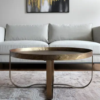 30" Brass Steel Faux Croc Cross Legs Round Tray Style Coffee Table