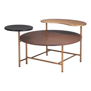 55" Brown Black and Gold Wood and Steel Three Tier Coffee Table