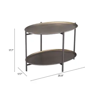 26" Antiqued Bronze and Black Steel Oval Two Tier Coffee Table