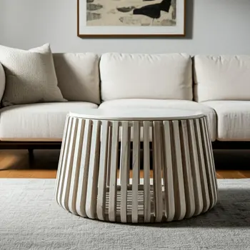 34" White and Natural Genuine Marble and Wood Round Drum Coffee Table