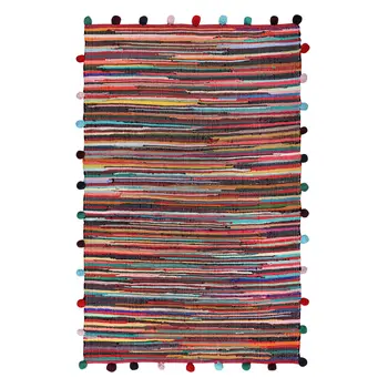 3' X 5' Red and Black Striped Hand Woven Area Rug With Fringe