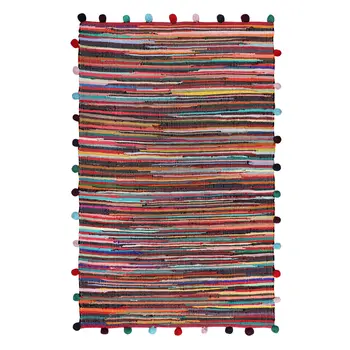 3' X 5' Red and Black Striped Hand Woven Area Rug With Fringe
