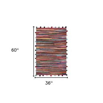 3' X 5' Red and Black Striped Hand Woven Area Rug With Fringe