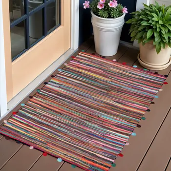3' X 5' Red and Black Striped Hand Woven Area Rug With Fringe