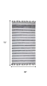 4' X 6' Black And White Striped Hand Woven Washable Area Rug With Fringe