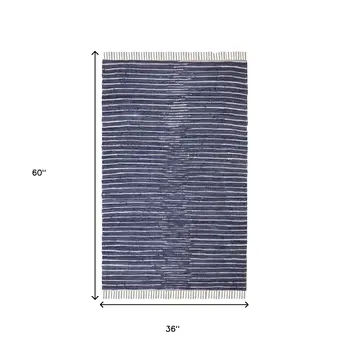 3' X 5' Navy and White Striped Handmade Indoor Outdoor Area Rug