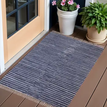 3' X 5' Navy and White Striped Handmade Indoor Outdoor Area Rug