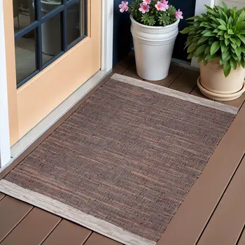 2' X 3' Tan Black and Beige Patchwork Handmade Indoor Outdoor Area Rug