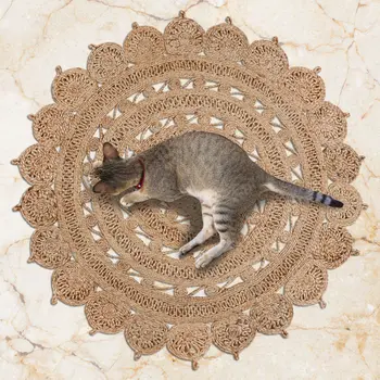 4' Natural Jute Floral Medallion Hand Braided Round Rug