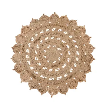 4' Natural Jute Floral Medallion Hand Braided Round Rug