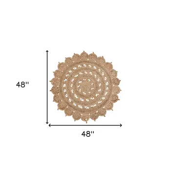 4' Natural Jute Floral Medallion Hand Braided Round Rug