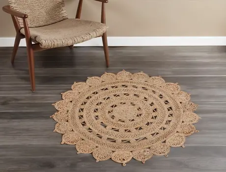4' Natural Jute Floral Medallion Hand Braided Round Rug