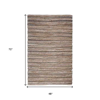 4' X 6' Brown White And Gray Jute Striped Hand Woven Area Rug