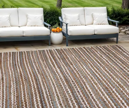 8' X 10' Brown and White Striped Handmade Indoor Outdoor Area Rug