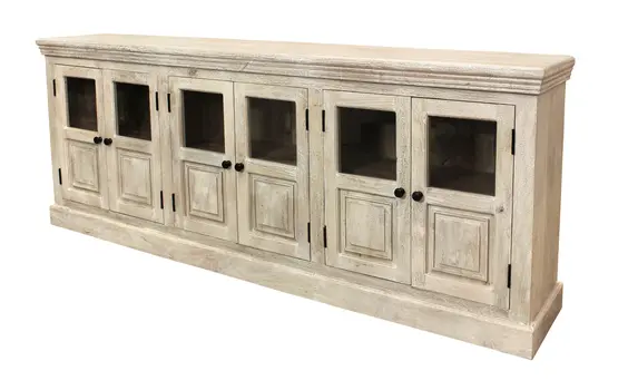 93" White Solid Wood Distressed Sideboard with Six Glass Doors
