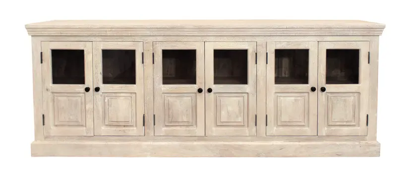 93" White Solid Wood Distressed Sideboard with Six Glass Doors