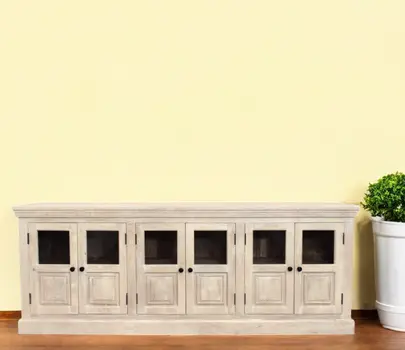 93" White Solid Wood Distressed Sideboard with Six Glass Doors