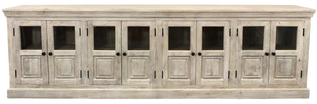118" White Solid Wood Distressed Sideboard with 8 Glass Doors