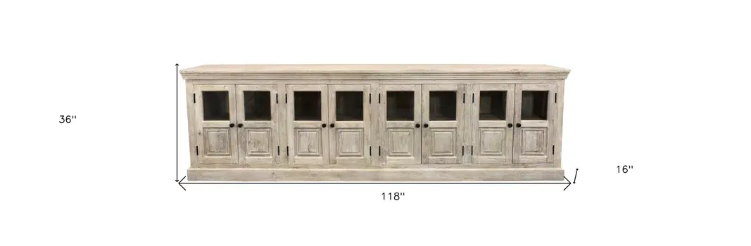 118" White Solid Wood Distressed Sideboard with 8 Glass Doors