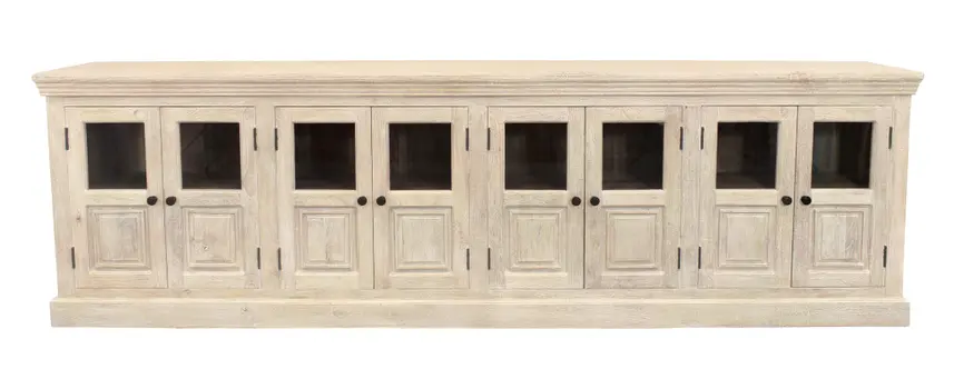 118" White Solid Wood Distressed Sideboard with 8 Glass Doors