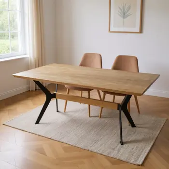 79" Brown and Red Wood And Metal Trestle Base Dining Table