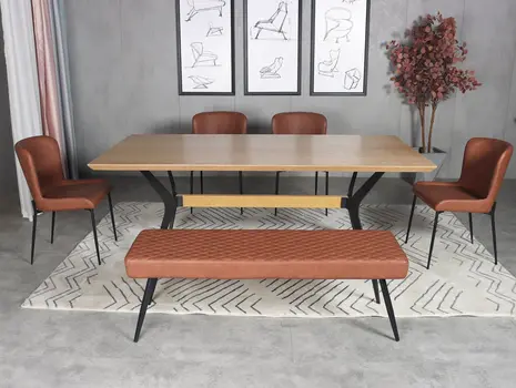 79" Brown and Red Wood And Metal Trestle Base Dining Table