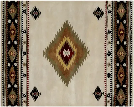 5' X 8' Ivory and Black Southwestern Hand Tufted Non Skid Area Rug