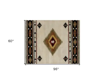 5' X 8' Ivory and Black Southwestern Hand Tufted Non Skid Area Rug